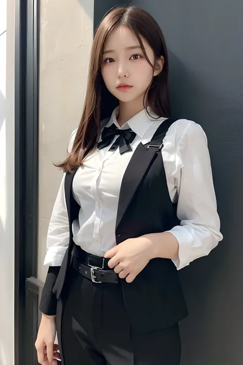 ​masterpiece、flat-colors、depth of fields、lens flare 1 girl、、Brown hair、watching at viewers　　　　a belt　black suspenders　Social OL　　　Too large breasts　　　 　 Armpit sweat　perspiring　Side of both hands　　walls: Black Suit　Black pants, Black jacket