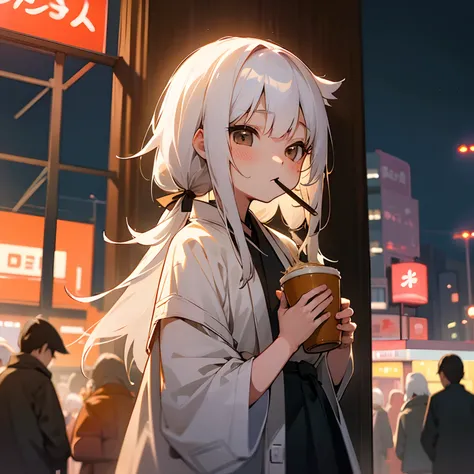 Girl Eating Cup Ramen、takeout、Children around this age、17 age、Plain clothe、Shibuya、white  hair、独奏、Delicate、natta、nighttime scene、