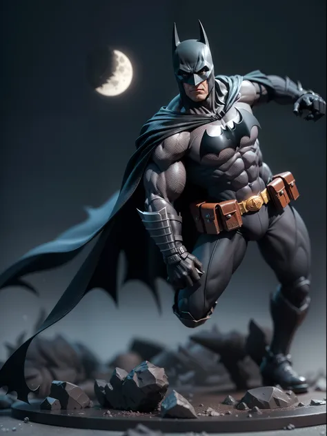 A batman, intense fight scene, 3D model figure, toy, gray background, studio soft lights, 3d moon figure, 3D toys model, best quality, ultra detailed, masterpiece collection, picture click by sony a7 iv camera, 16K UHD resolution, extremely detailed, blurr...