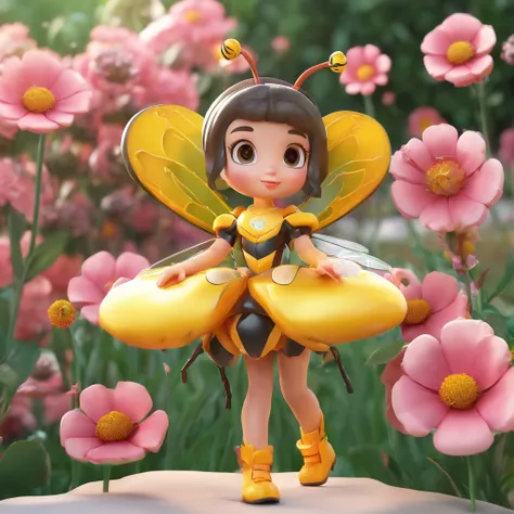 Super cute girl bee by Popmart、A character with a girls face and a bee body、 Bright eyes, 　（Background of the flower garden), Glossy and delicate,clean back ground, Good luster, 3D rendering of a,Best Quality