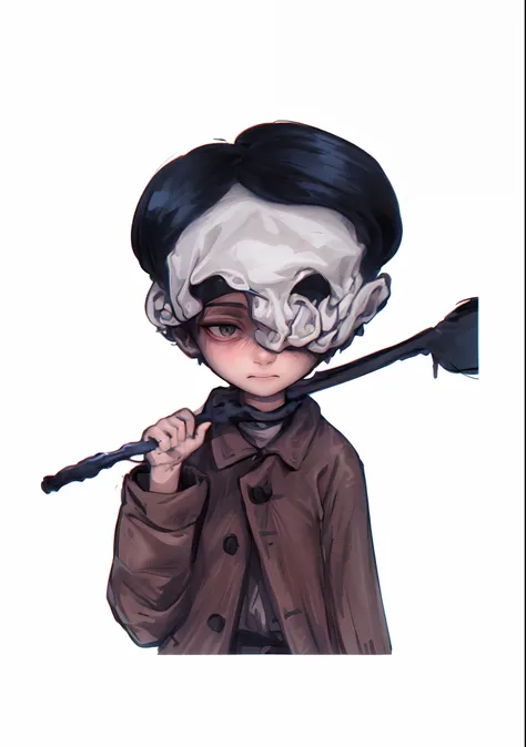 A drawing of a boy with a stick in his hand, Mysterious and somber art style, Fanart oficial, El estilo de Junji Ito, Blade de Drain Gang, Fanart de alta calidad, Estilo de arte espeluznante, Michael Myers, Slasher norcoreano, Obras de arte al estilo de Gu...