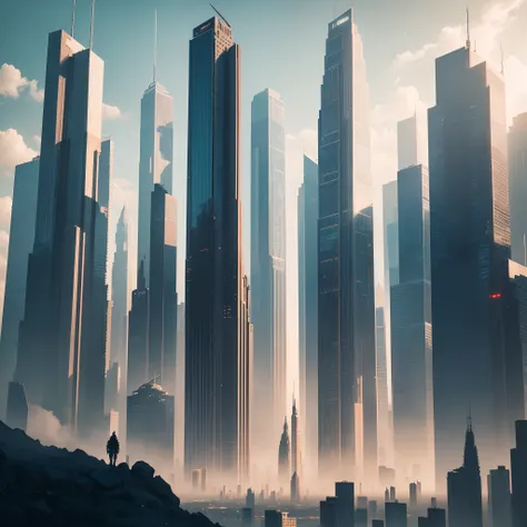 (Best Quality, 8K, Ultra-detailed:1.2), Futuristic cityscape of towering skyscrapers, Cyberpunk, Sci-Fi Art, Earth, A futuristic world, masutepiece, Glass skyscraper, Imaginative, 10 times taller buildings, Vivid colors, Dramatic Lighting