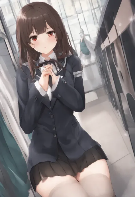 masturbation, peeing, humiliation, public, looking down, uwabaki, fishnet thighhighs, no legwear, no bra, seifuku, medium breasts, one breast out, crying with eyes open, medium hair, girl, Chinese, student, ass_visible_through_thighs, naughty_face, uncenso...