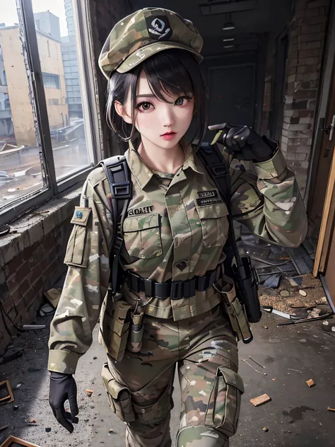 ((tmasterpiece、ultra fine photos、top-quality、超A high resolution、foco nítido、chest circumference))、、beautiful female soldier、delicated face、White skin of the、High detail skin、Realistic details of skin、Short short-haired cat、Camouflage cap、Combat equipment、b...