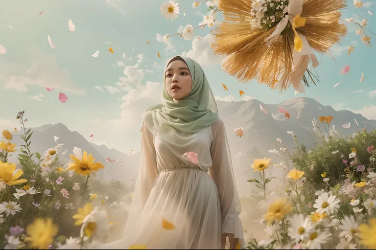 a beautiful malay young woman in hijab, is standing with large flower explosion in the background, flower petal flying in the air, in the style of midsommar, fanciful, natural landscape , dreamlike imagery, captivating documentary photos, flowing fabrics, ...