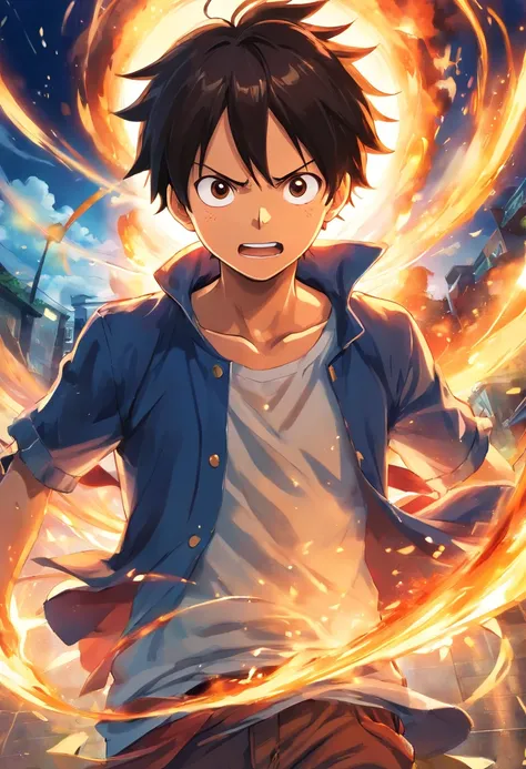 Design a gripping poster featuring Luffy from "One Piece" in a fit of rage. Capture the essence of his burning determination and unyielding spirit as he unleashes his wrath upon his enemies. Keep it short, bold, and intense to convey the raw power of Luffy...