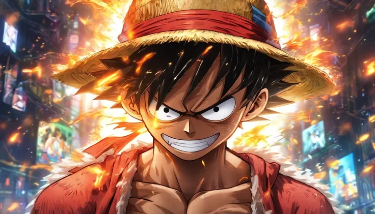 Monkey D Luffy in anime in the middle with his back turned against the viewer he has expressions and poses of confusion and despair he is being surrounded by many invisible screens he is wearing a hoodie it’s a cyberpunk environment the background is white...