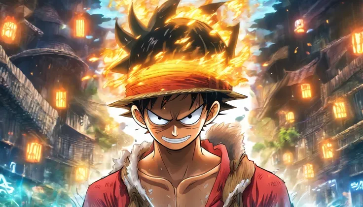 Monkey D Luffy in anime in the middle with his back turned against the viewer he has expressions and poses of confusion and despair he is being surrounded by many invisible screens he is wearing a hoodie it’s a cyberpunk environment the background is white...