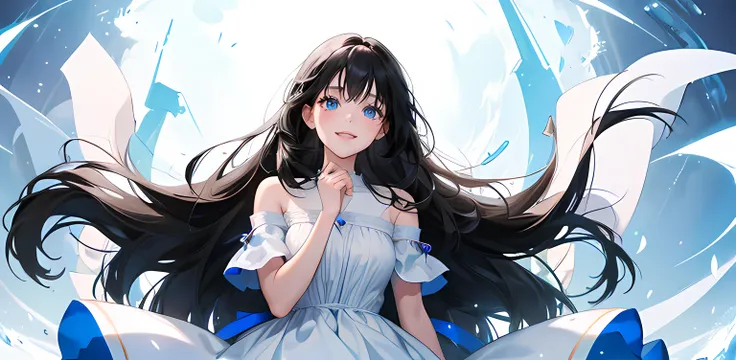 1 girl, high res, long black hair, blue eyes, wearing cute and modest white dress, happy and excited, motivating, bright, ultrasharp, 8K, masterpiece, looking at the viewer