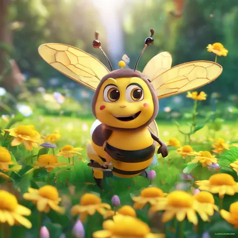 Super cute girl bee by Popmart、A character with a girls face and a bee body、 Bright eyes, 　（Background of the flower garden), Glossy and delicate,clean back ground, Good luster, 3D rendering of a,Best Quality、Where there is、There was a bee named Arya。Arya ...