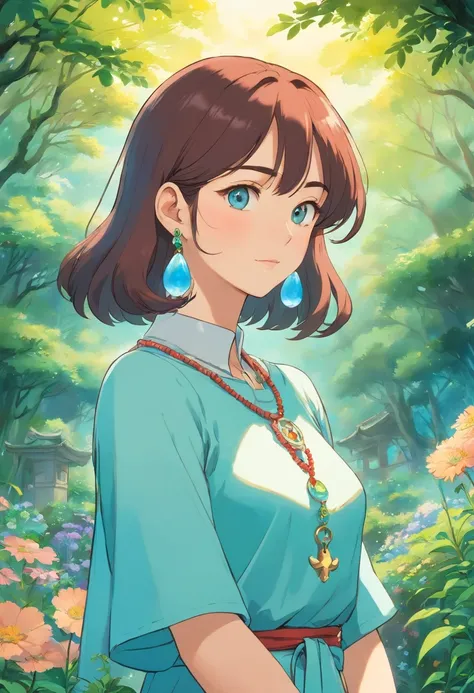 Girl in an anime collar, Long necklaces and earrings, In the style of a tranquil garden landscape, colorful animation stills, Masami Teraoka, aquamarine, paul gauguin, Embry style, Honest portrayal