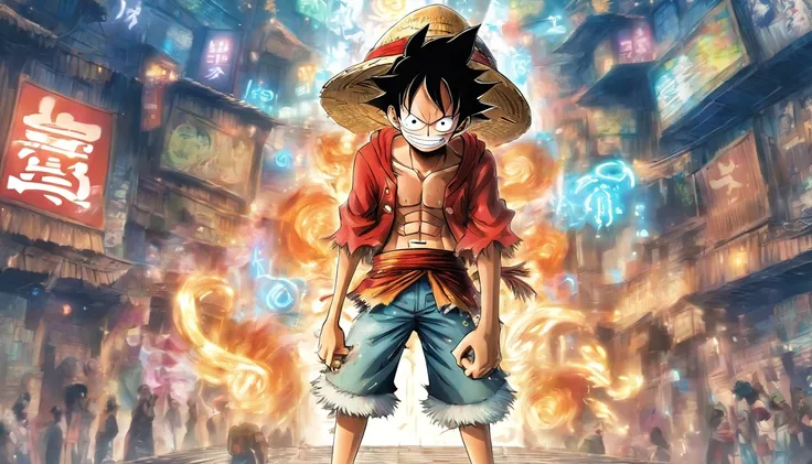 Monkey D Luffy in anime in the middle with his back turned against the viewer he has expressions and poses of confusion and despair he is being surrounded by many invisible screens he is wearing a hoodie it’s a cyberpunk environment the background is white...