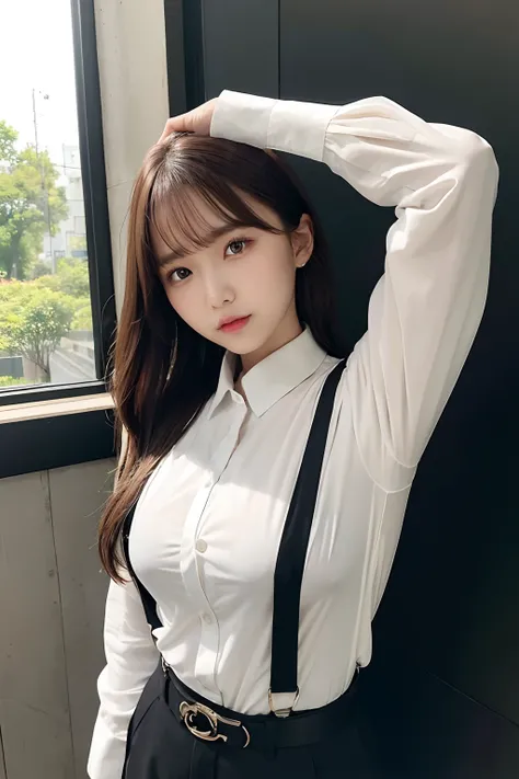 ​masterpiece、flat-colors、depth of fields、lens flare 1 girl、、Brown hair、watching at viewers　　　　a belt　black suspenders　Social OL　　　Too large breasts　　　 　 Armpit sweat　perspiring　Side of both hands　　walls: Black Suit　Black pants, Black jacket