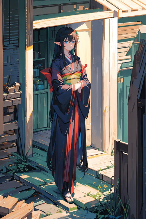 long black hair, elf ears, blue eyes, full body, kimono, mature, serious