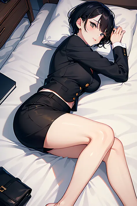 1 Female Teacher, Night, Short hair, Elegant, Office Uniform, Short black pencil skirt, Home, Wet, lying on bed