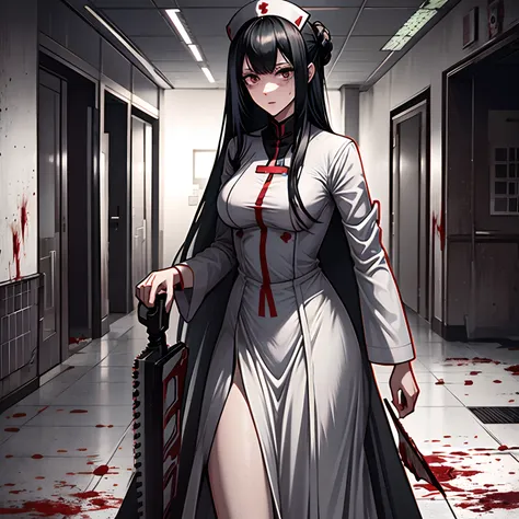 tall girl, nurse costume, long skirt, chainsaw, black long hair with bangs, insane face, suit, covered in blood, abandoned hospi...