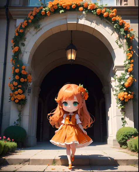 ​masterpiece、top-quality、ultra-detailliert、(Chibi Charas Daughter:1.2)、Long orange hair swaying in the wind、Green eyes、(木🌲の帽子:1.2)、Long dress with orange ruffles and luxurious embellishments of peplum、Orange Pumps、Standing、A smile、Background with (Arch of ...