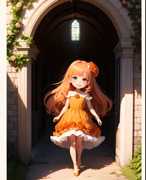 ​masterpiece、top-quality、ultra-detailliert、(Chibi Charas Daughter:1.2)、Long orange hair swaying in the wind、Green eyes、(木🌲の帽子:1.2)、Long dress with orange ruffles and luxurious embellishments of peplum、Orange Pumps、Standing、A smile、The background is a fairy...