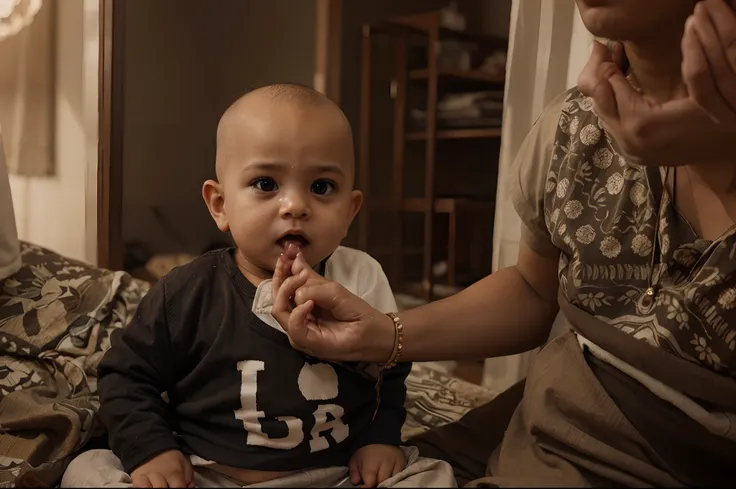 Perfect colour grading, young baby with no hairs bald head, indian, realistic