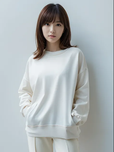 ((​masterpiece,top-quality)), (photographrealistic:1.4),((masutepiece,8K)),hight resolution, Japanese, 1 beautiful woman, Medium Hair, faint thin bangs, Age 32 years old, Detailed skin, Long-sleeved sweatshirt、cropped pants, Standing, White background, Whi...