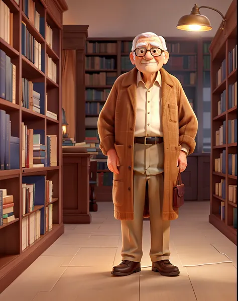 A wise old man standing in front, illuminated by the light of a lamp, against the backdrop of a library