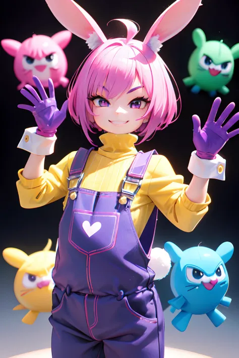 boy wearing a soft purple turtle neck outfit with a bunny ear, with a pink purple fuchsia-colored overalls , purple boy style hair, yellow gloves, smile with teeth, smirk rizz face, poser, 3d animated, 3 d animated, toonix character, cartoonish cute, 3d ch...