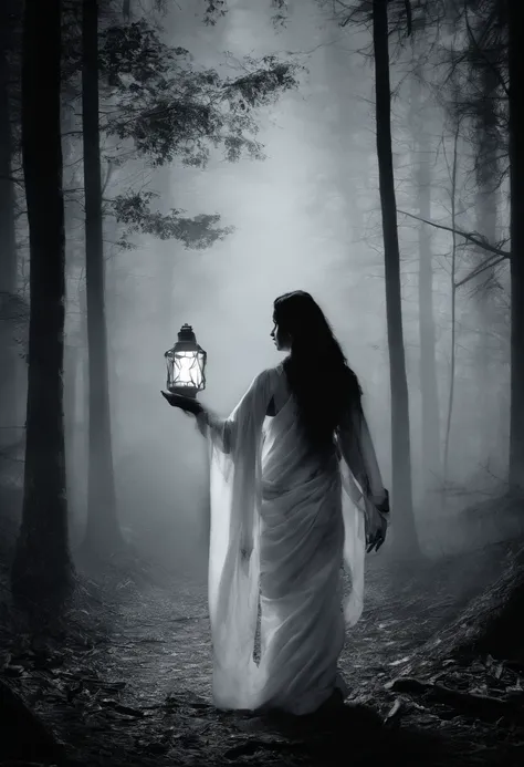 A woman wearing white sari and holding night lamp walking in the middle of the forest in night