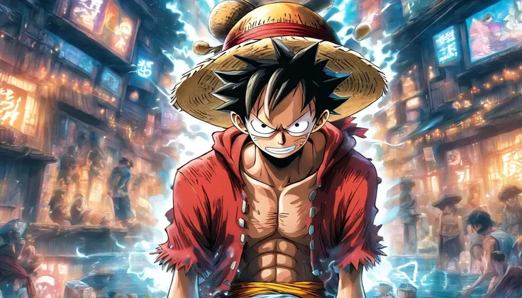 (((Gear5))) Monkey D Luffy in anime in the middle with his back turned against the viewer he has expressions and poses of confusion and despair he is being surrounded by many invisible screens he is wearing a hoodie it’s a cyberpunk environment the backgro...