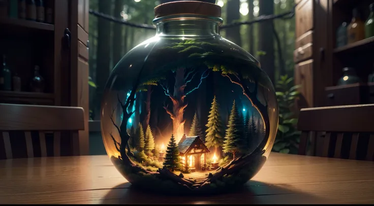 (An intricate forest minitown landscape trapped in a bottle), atmospheric oliva lighting, on the  table, 4k UHD, dark vibes, hyper detailed, vibrant colours forest background, epic composition, octane render, sharp focus, high resolution isometric