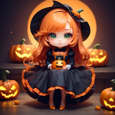 ​masterpiece、top-quality、ultra-detailliert、(Chibi Chara Pumpkin Princess:1.2)、Orange hair swaying in the wind、Green eyes、Sit on the pumpkin、Long dress with orange ruffles, peplums and embroidery、Orange Pumps、Halloween Cosplay、The background is a Halloween ...