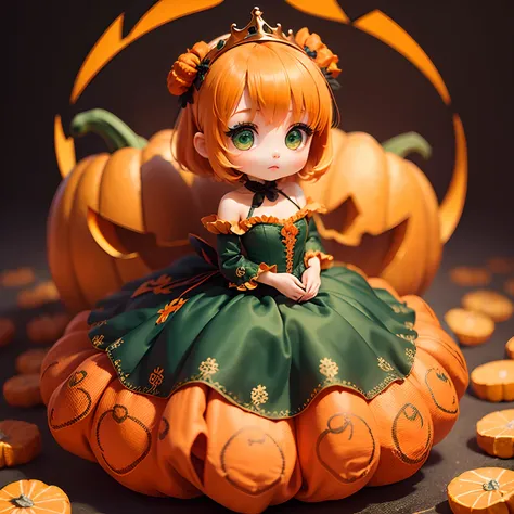 ​masterpiece、top-quality、ultra-detailliert、(Chibi Chara Pumpkin Princess:1.2)、Orange hair swaying in the wind、Green eyes、Sit on the pumpkin、(Long dress with orange ruffles, Peplum Embroidery:1.3)、Green roses bloom、Orange Pumps、Halloween Cosplay、The backgro...