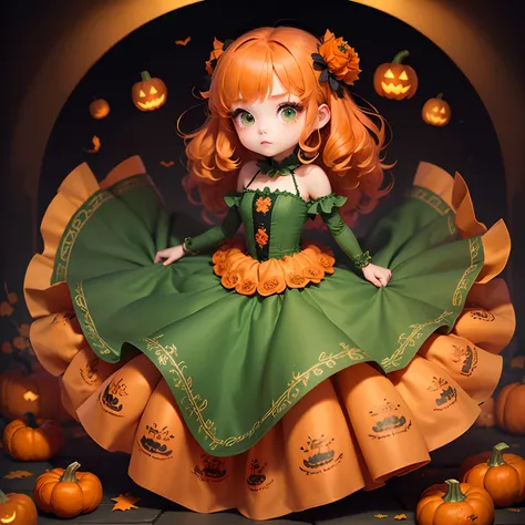 ​masterpiece、top-quality、ultra-detailliert、(Chibi Chara Pumpkin Princess:1.2)、Orange hair swaying in the wind、Green eyes、Sit on the pumpkin、(Long dress with orange ruffles, Peplum Embroidery:1.3)、Green roses bloom、Orange Pumps、Halloween Cosplay、The backgro...