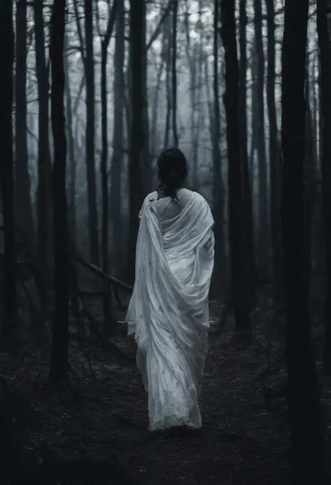 A woman wearing white sari and holding night lamp walking in the middle of the forest in night,(close up)