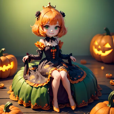 ​masterpiece、top-quality、ultra-detailliert、(Chibi Chara Pumpkin Princess:1.2)、Orange hair swaying in the wind、Green eyes、Sit on the pumpkin、(Orange long dresses are embroidered with ruffles and peplums:1.3)、Green roses bloom、Orange Pumps、Halloween Cosplay、...