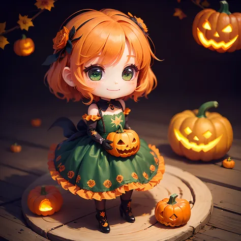 ​masterpiece、top-quality、ultra-detailliert、(Chibi Chara Pumpkin Princess:1.3)、Orange hair swaying in the wind、Green eyes、Sit on the pumpkin、(For a long orange dress、It is embroidered with frills and peplums:1.3)、Green roses bloom、Orange Pumps、Halloween Cos...