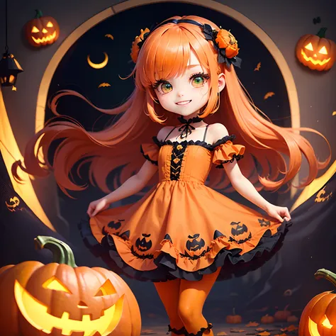 ​masterpiece、top-quality、ultra-detailliert、(Chibi Chara Pumpkin Princess:1.3)、Orange hair swaying in the wind、Green eyes、Sit on the pumpkin、(In a long orange dress、It is embroidered with frills and peplums:1.3)、Green roses bloom、Orange Pumps、Halloween Cosp...