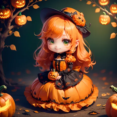 ​masterpiece、top-quality、ultra-detailliert、(Chibi Chara Pumpkin Princess:1.3)、Orange hair swaying in the wind、Green eyes、Sit on the pumpkin、(In a long orange dress、It is embroidered with frills and peplums:1.3)、Green roses bloom、Orange Pumps、Halloween Cosp...