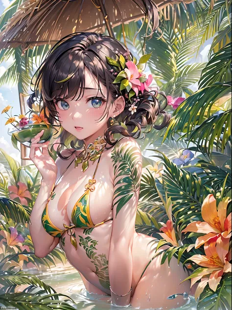 ((Finest quality)),(超A high resolution),(ultra-detailliert),(Meticulous portrayal),((best pictures)),(Finest works of art),Ultra-Precision Art,The art of astounding depiction, Tropical beaches:1.5,Tropical Flowers,suns, (1人の女性:1.5)Floral bikini swimsuit:1....