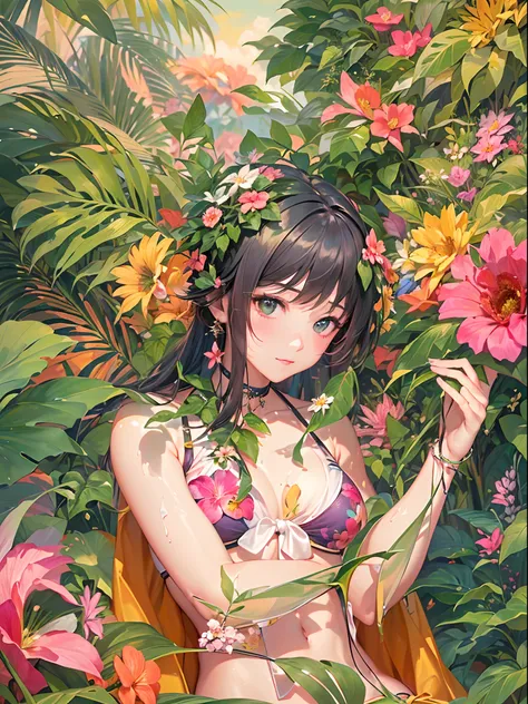 ((Finest quality)),(超A high resolution),(ultra-detailliert),(Meticulous portrayal),((best pictures)),(Finest works of art),Ultra-Precision Art,The art of astounding depiction, Tropical beaches:1.5,Tropical Flowers,suns, (1人の女性:1.5)Floral bikini swimsuit:1....