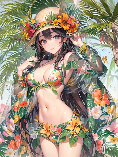 ((Finest quality)),(超A high resolution),(ultra-detailliert),(Meticulous portrayal),((best pictures)),(Finest works of art),Ultra-Precision Art,The art of astounding depiction, Tropical beaches:1.5,Tropical Flowers,suns, (1人の女性:1.5)Floral bikini swimsuit:1....