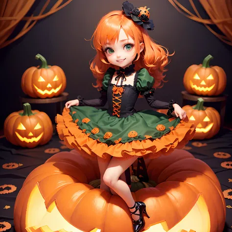 ​masterpiece、top-quality、ultra-detailliert、(Chibi Chara Pumpkin Princess:1.3)、Orange hair swaying in the wind、Green eyes、Sit on the pumpkin、(Wearing a long orange dress、It has green embroidery of ruffles and peplums:1.3)、Green roses bloom、Orange Pumps、Hall...