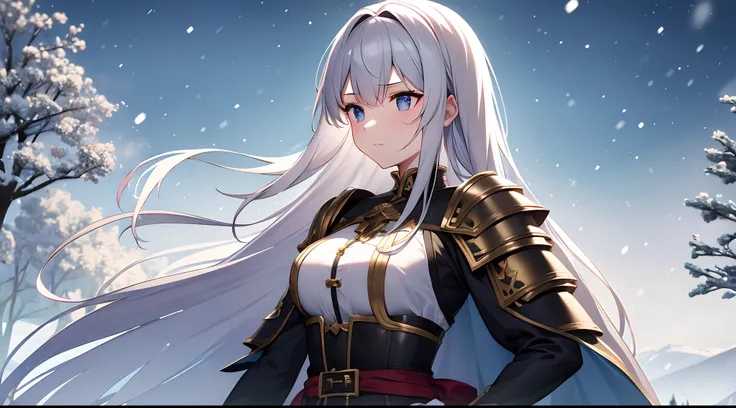 Girl 1 , 独奏, Highly detailed face, perfect arms, Long white wavy hair and no bangs, exteriors, Wearing pleated armor, a tree, Fur-trimmed cape in white, black gloves, snowing, snowing, winter, Medieval times ,She walked and looked away, Putting his hand on...