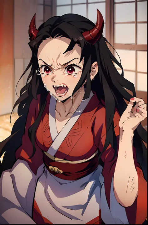 (masterpiece, best quality:1.2), kimetsu no yaiba style, kamado nezuko, (1girl, solo), 18years old, upper body, pink kimono, (black long hair, wave hair), forehead, (red demon horns, red eyes), (open_mouth, long fangs), (screaming:1.2), (angry:1.3),(tears:...