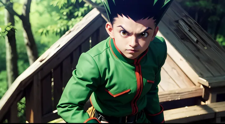 gon_freecss, green hair, spiked hair, yellow eyes