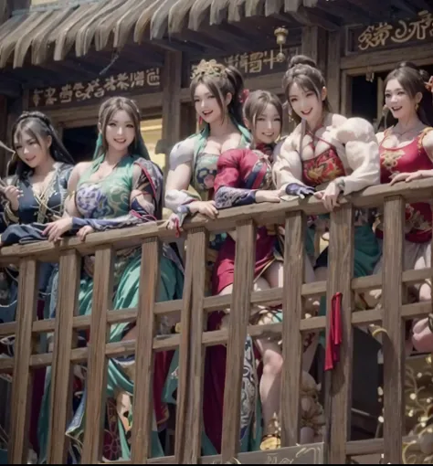 alafi, dressed in oriental costume, poses on a balcony railing, hanfu, muscular warrior women, chinese fantasy, shaxi, uptrend ，...