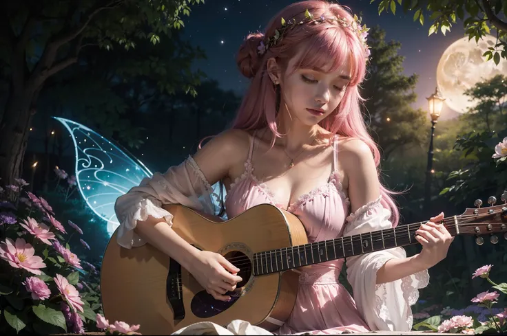 Generate a mesmerizing and enchanting scene featuring a cute lady with striking pink eyes and long, flowing pink hair. Place her in a magical fairy land illuminated by the soft glow of the moon, set during the tranquil hours of the night. The lady is playi...