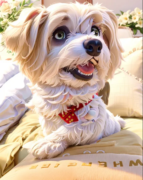 A Maltese dog lying on a pillow, smiling happily at the camera With a naughty face, melhor qualidade, alta qualidade