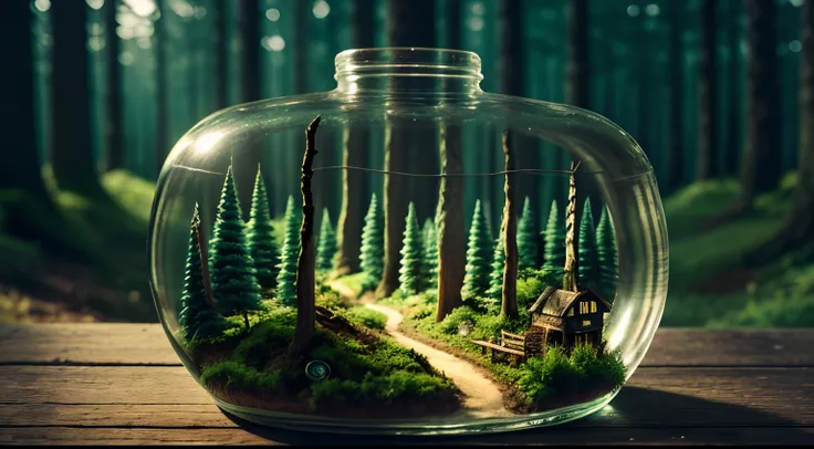 (An intricate forest minitown landscape trapped in a bottle), atmospheric oliva lighting, on the  table, 4k UHD, dark vibes, hyper detailed, vibrant colours forest background, epic composition, octane render, sharp focus, high resolution isometric