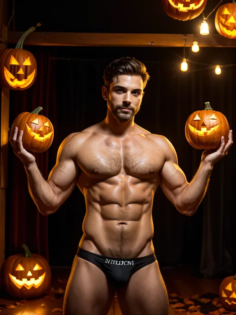 Professional photo of the whole body, (4K Photo: 1.1), (sharp focus: 1.3), high detail, Elegant and muscular man, wears a black thong, with a pumpkin that hides his sex held by the man himself, shirtless and muscular, short and brown hair, brown beard, lig...