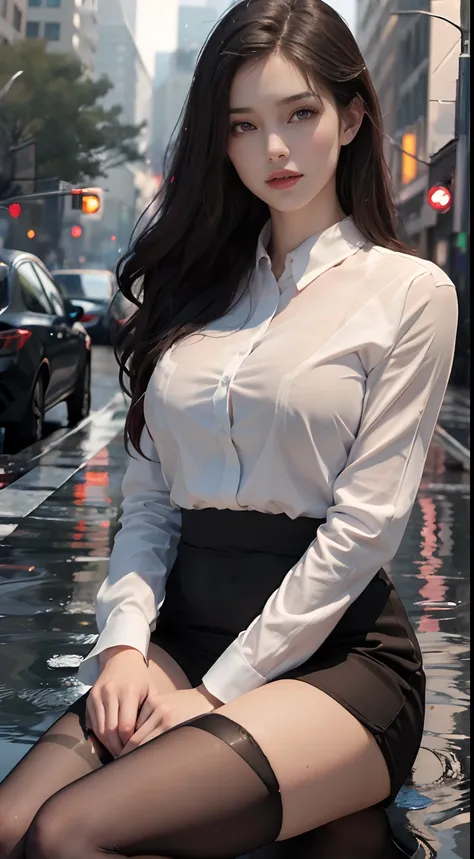 ((Realistic lighting, Best Quality, 8K, Masterpiece: 1.3)), Focus: 1.2, 1girl, Perfect Beauty: 1.4, Slim Abs: 1.1, (Big Breasts), (White Shirt: 1.4), (Outdoor, Night: 1.1), City Street, Super Fine Face, Fine Eyes, Double Eyelids, (Over the Knee Black Stock...